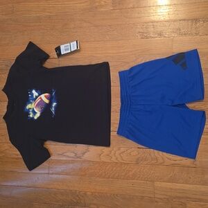 ADIDAS BRAND SIGNATURE BOY'S BLACK FOOTBALL TEE-SHIRT AND BLUE SHORTS SIZE 4